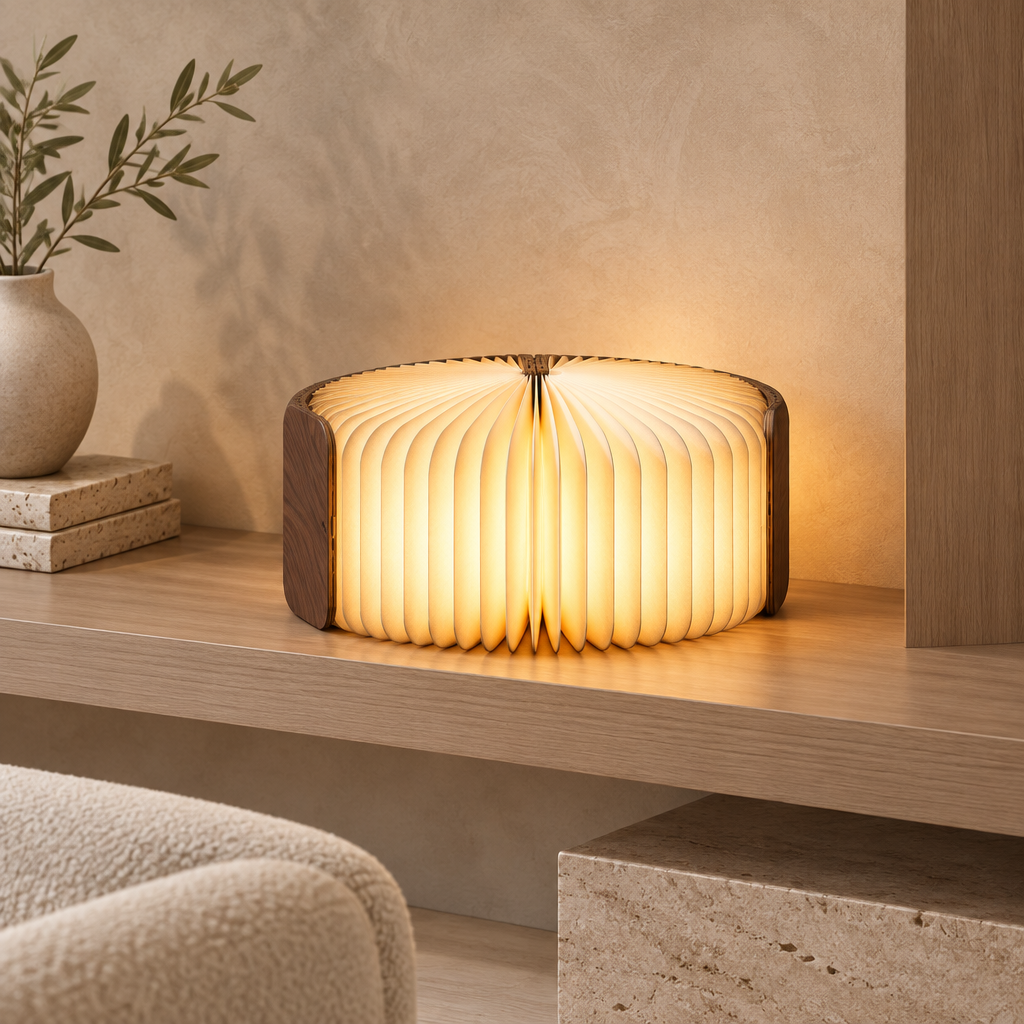 Wooden book lamp displayed on a modern living room shelf