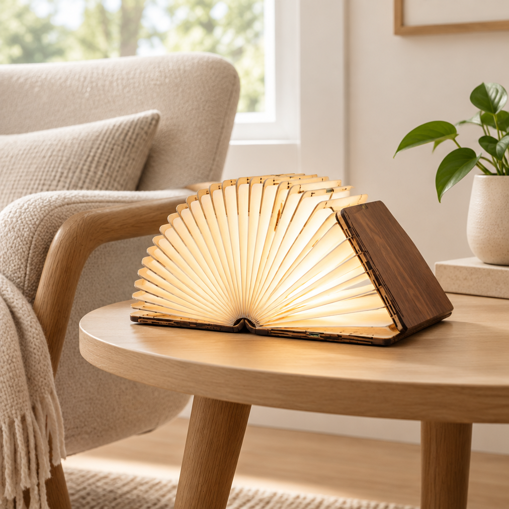 Wooden book lamp in a bright modern reading nook