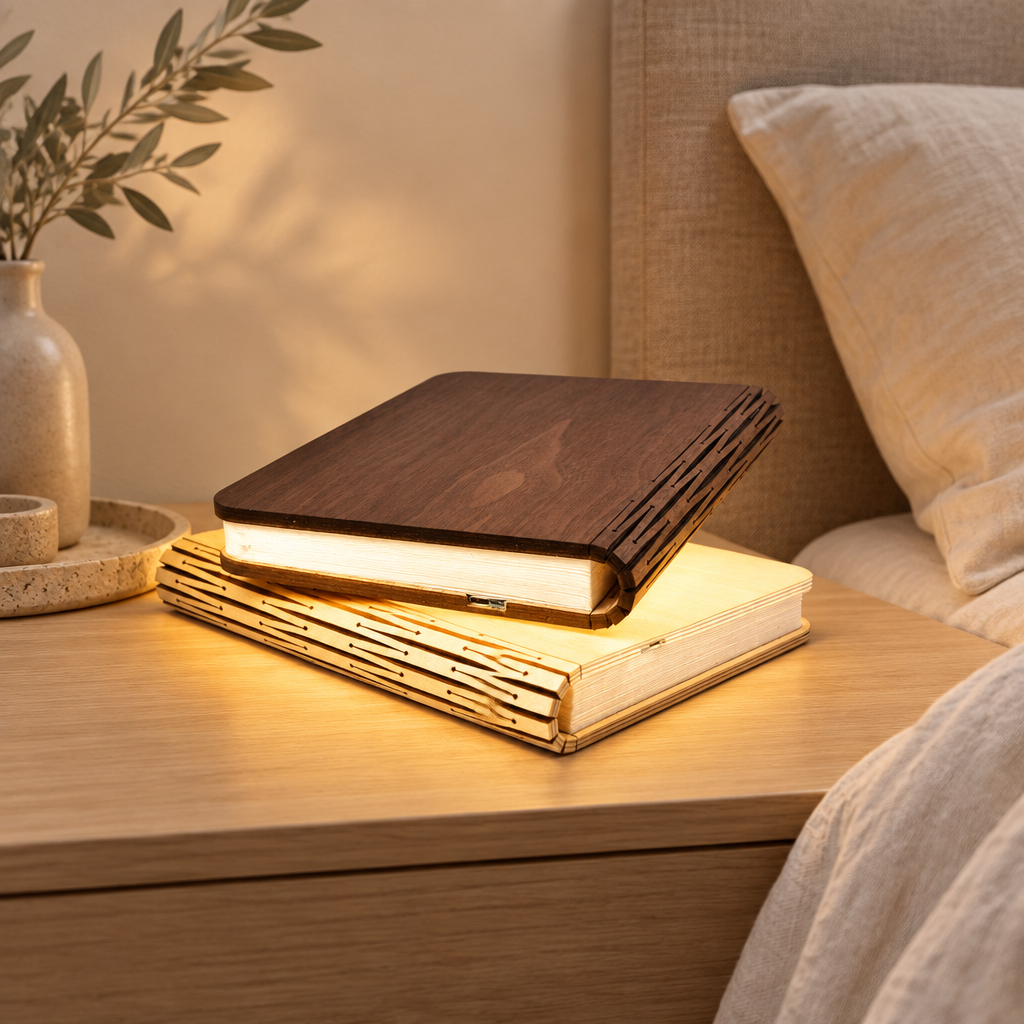 Wooden book lamp in a serene modern bedroom
