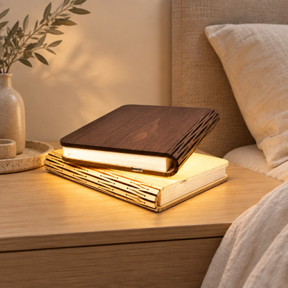 Wooden book lamp in a serene modern bedroom