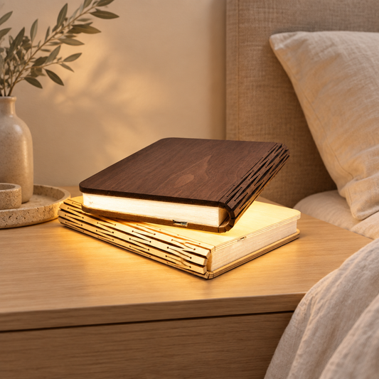 Wooden book lamp in a serene modern bedroom