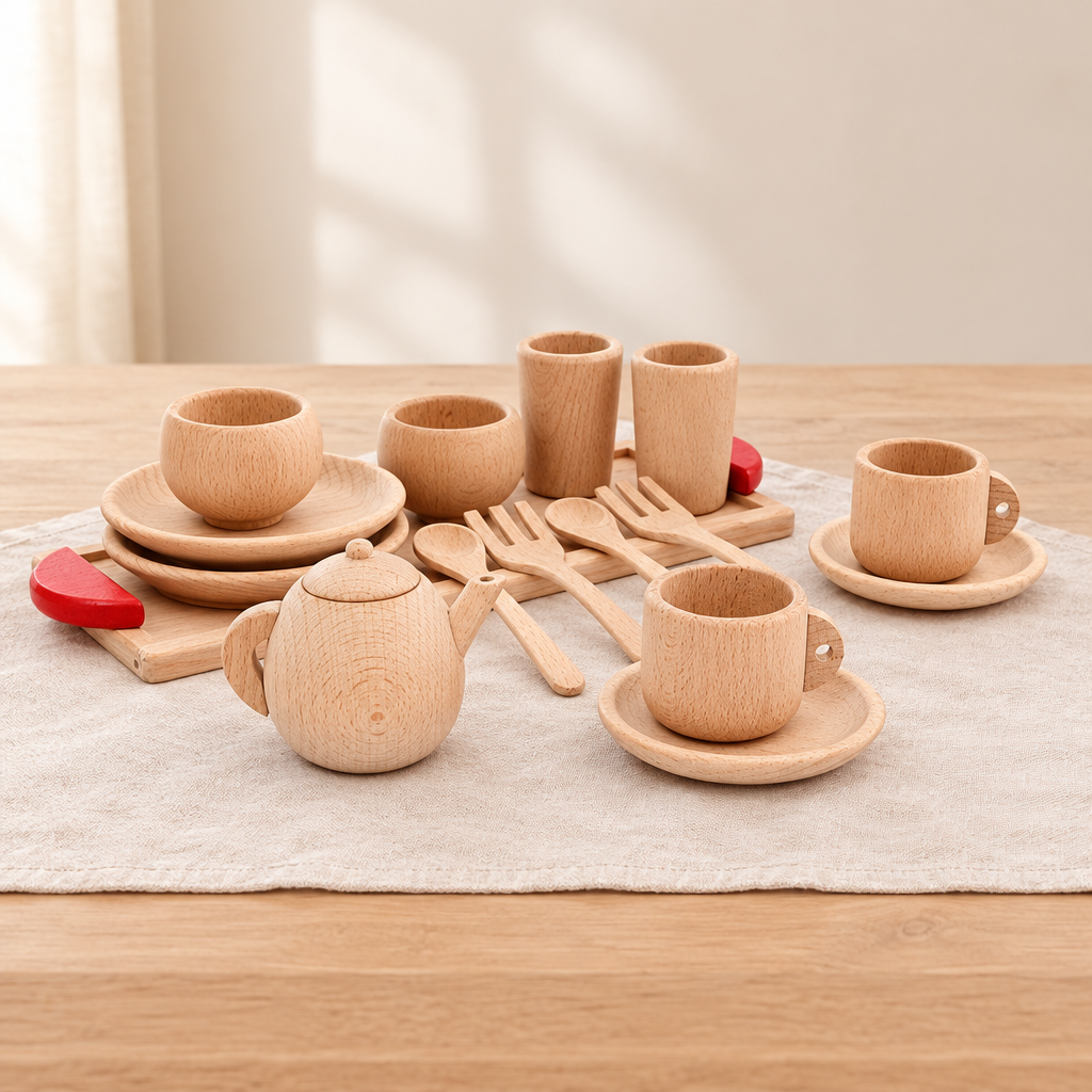 Wooden play-kitchen toy in a neutral setting