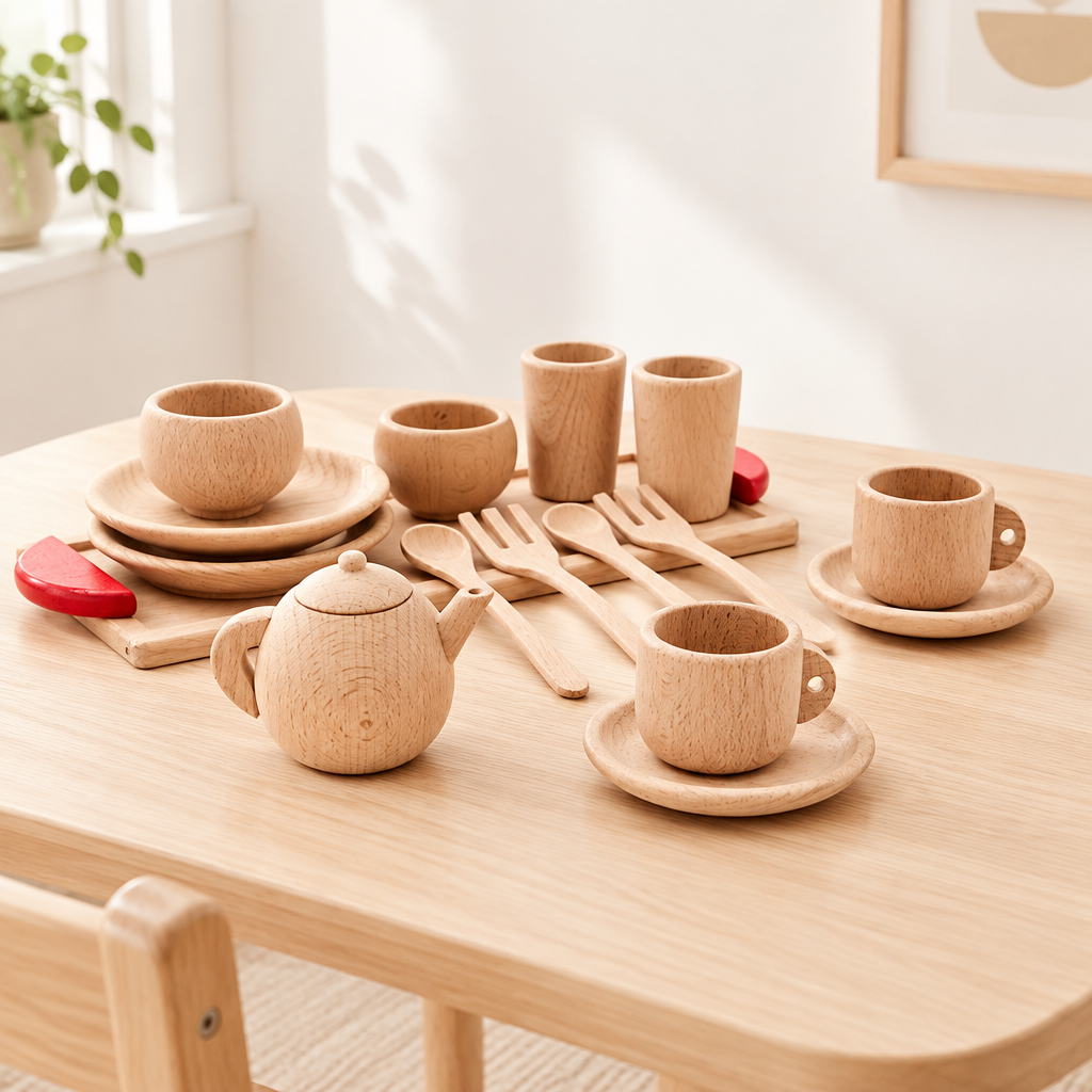 Wooden play-kitchen toy on a clean play table