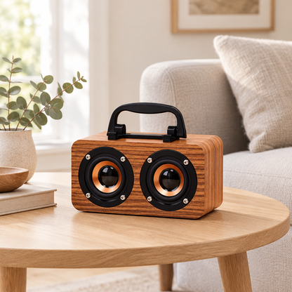 Wooden speaker on a side table in a modern living room