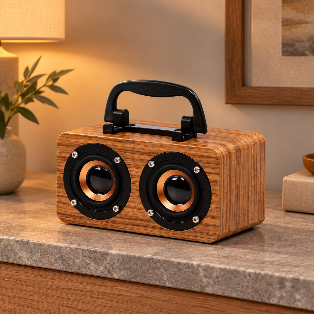 Wooden speaker styled on a modern shelf