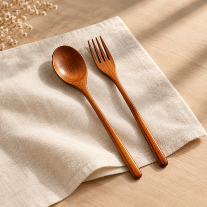 Wooden spoon and fork on ivory linen