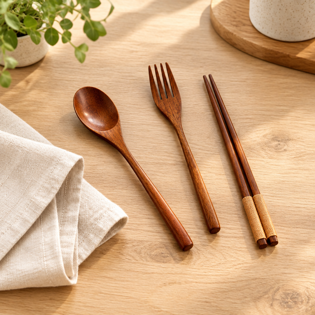 Wooden utensils arranged on a light kitchen counter
