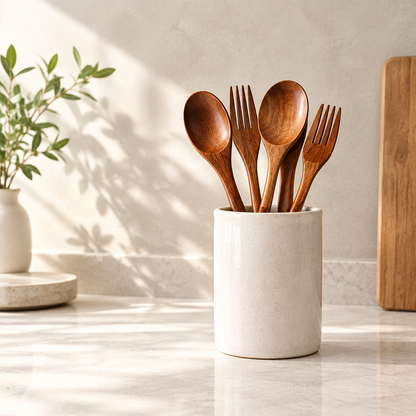 Wooden utensils in a ceramic holder
